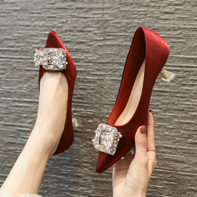

Solid Women Pumps Pointed-toe Womans Wedding Shoes Fashion 5cm Heel Black Woman Office High Heels Low Heels Female Heeled Shoes