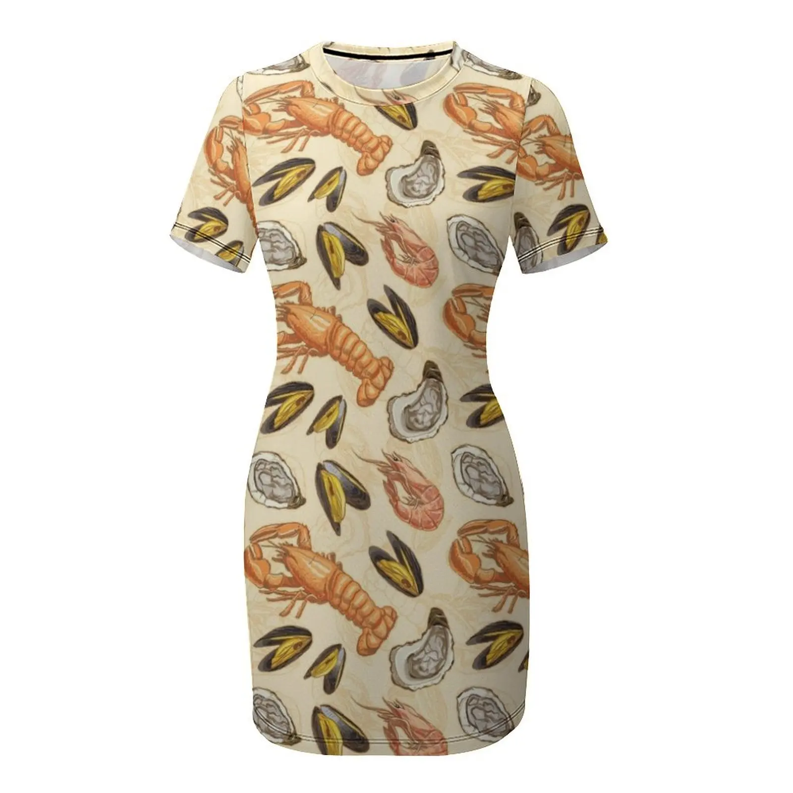 Платье с короткими рукавами и устричным узором из морепродуктов