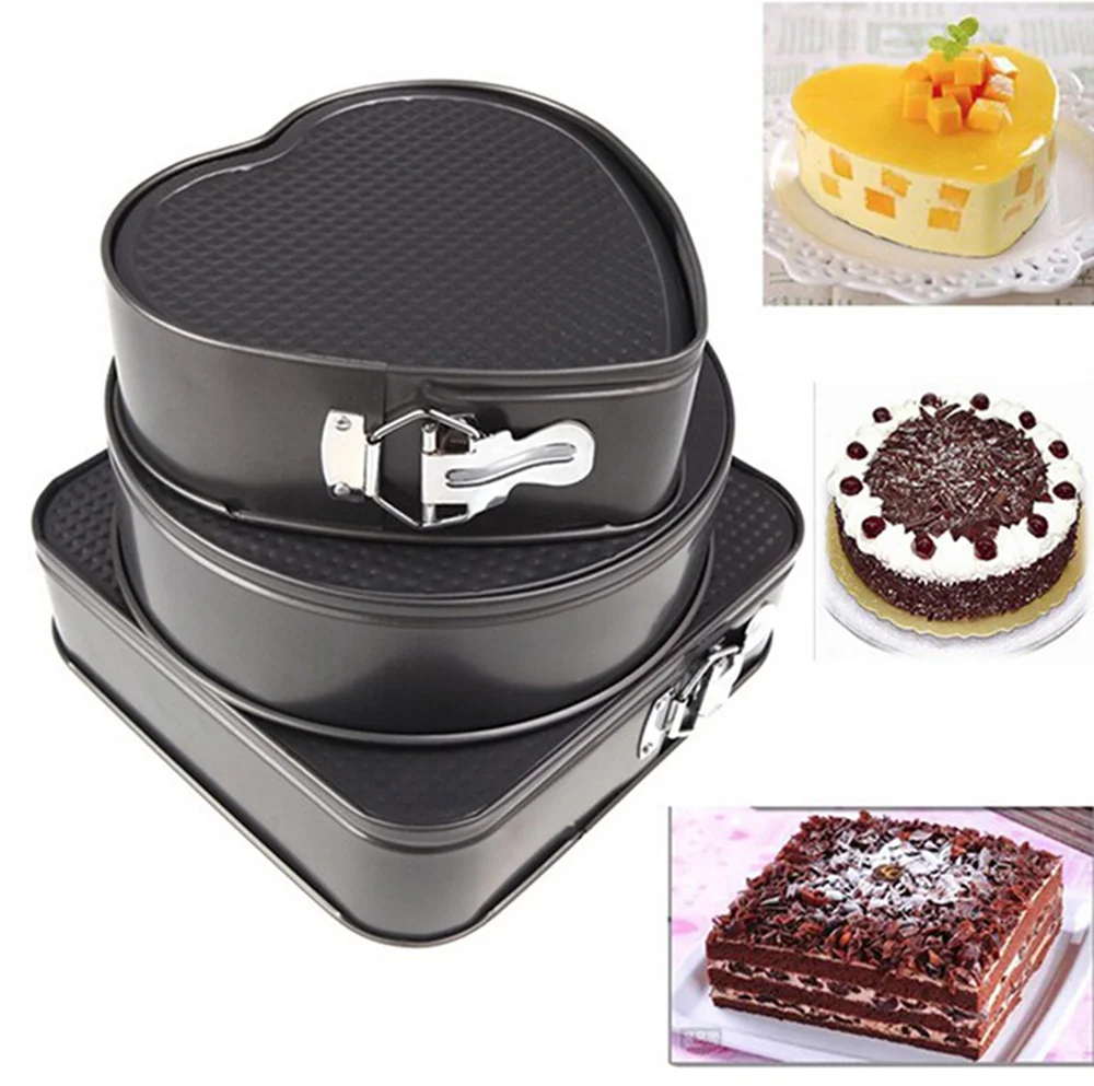 

Set of Three Springform Pans Chocolate Cake Bake Mould Mold Bakeware Round Heart Square Shape Kitchen Accessories Baking Tools