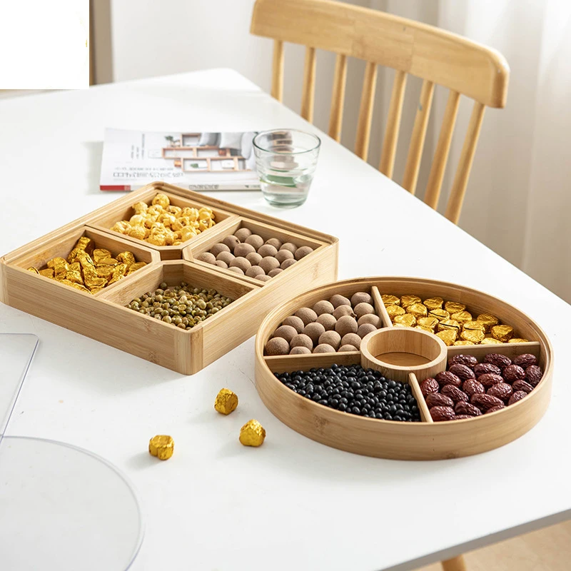 

4 grids Bamboo Candy Storage Box Snack Nut Box Flower Candy Fruit Plate Food Storage Case Dried Fruit Home Storage Organizer