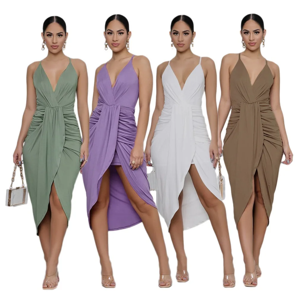 

Sexy Summer Evening Party Dress Temperament Summer Vintage Dress White Women Solid Spaghetti Strap V Neck Ruched Midi Dress