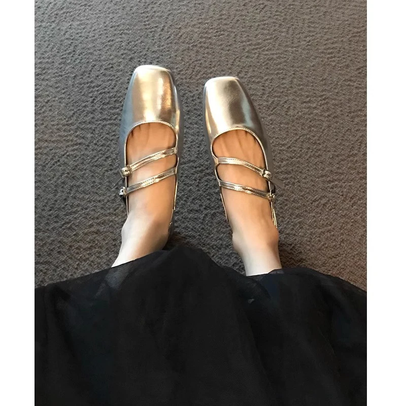 French sle Low Heel Evening Silver Mary Women Zhen Shoes QMQ Square Toe Closed Sandals 20 Single 24 Spring and Su... |