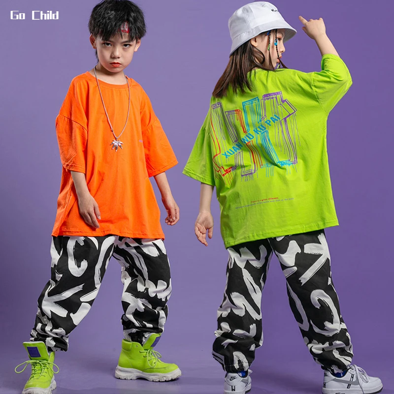 

Hip Hop Girls Printed T-shirt Graffiti Joggers Boys Tee Street Dance Pants Child Streetwear Teen Jazz Clothes Sets Kids Costumes