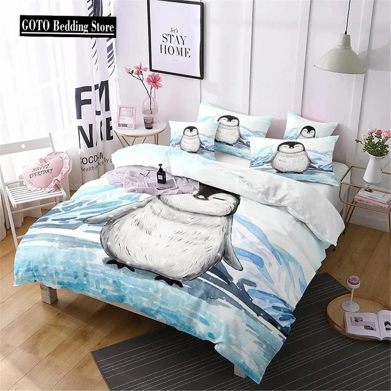 Lovely Little Penguin Comforter Bedding Sets 3D Print Blue 135x200 Bedroom Bed Cover Set for Changjin Deer Kangaroo Ostrich