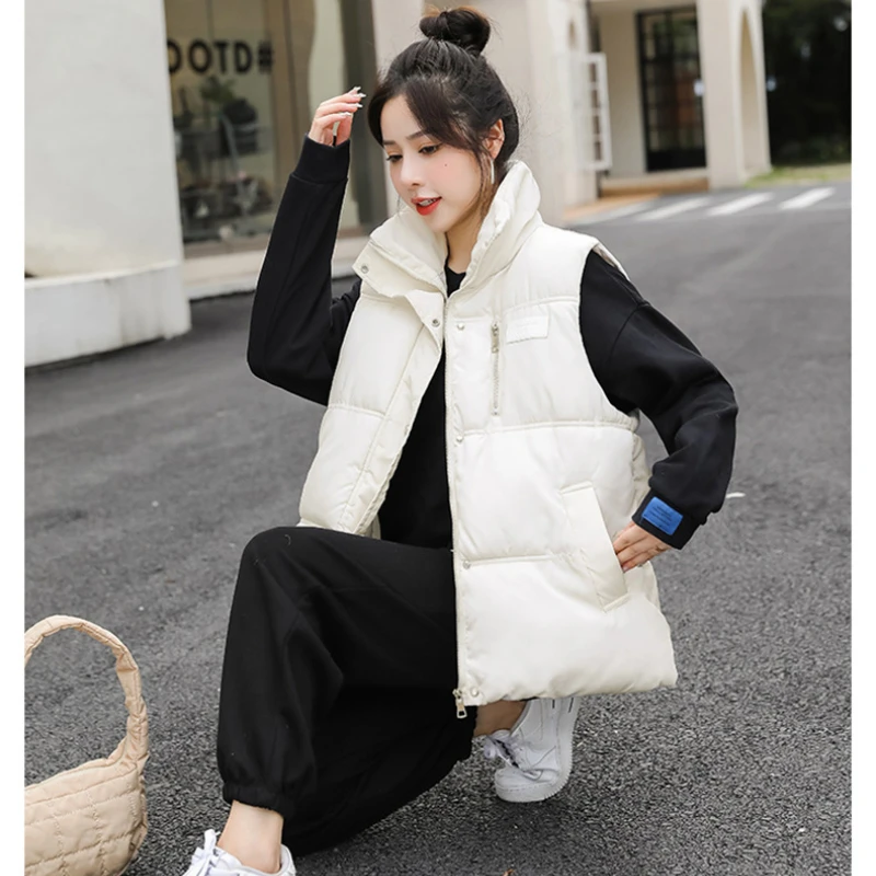 New Autumn and Winter Women Sleeveless Cotton Coat Pink Temperament Commuter Short Zipper Woman Cotton Vest Warm Solid Clothes