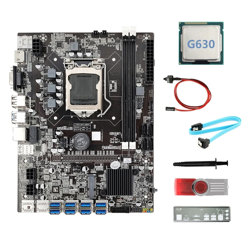 

B75 8USB BTC Mining Motherboard+G630 CPU+64G USB Driver+SATA Cable+Switch Cable+Thermal Grease+Baffle For ETH Miner