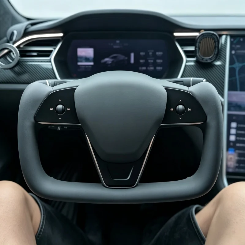 Фото Удобный чехол на руль из искусственной кожи ручной работы для Tesla Model S, Yoke, Model X, с плетеным узором, аксессуар для руля №1