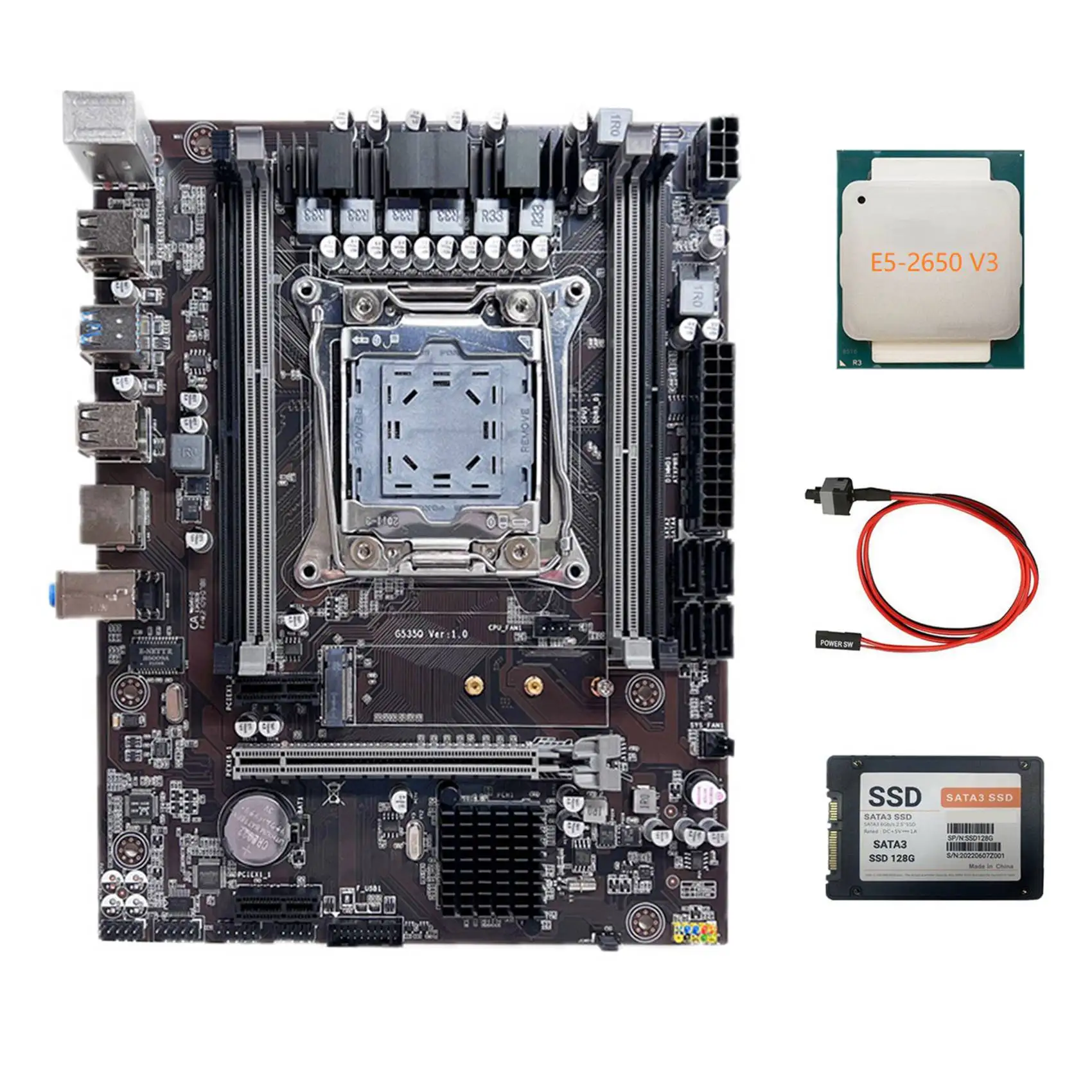 

X99 Motherboard LGA2011-3 Computer Motherboard Support DDR4 ECC RAM with E5 2650 V3 CPU+SATA3 SSD 128G+Switch Cable
