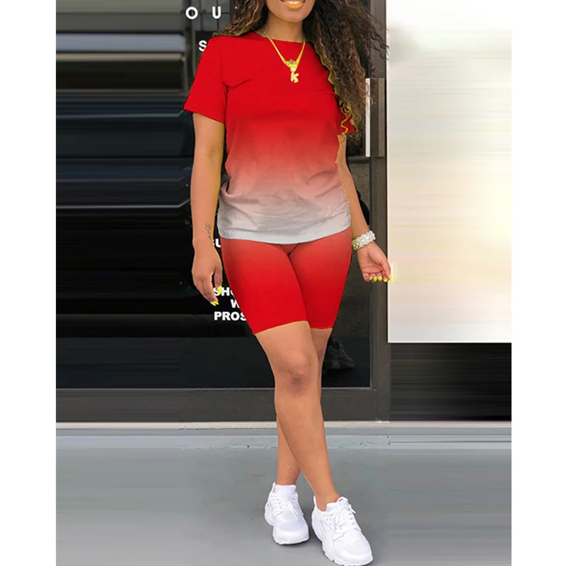 

Women Elegant Fashion Short Sleeve O Neck Ombre Casual Top Shirt Skinny Shorts Two Piece Set Women Tracksuit Outfits Streetwear