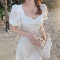 korean summer women square collar puff sleeve sweet white dress new temperament elegant solid color high waist mori girl dresses