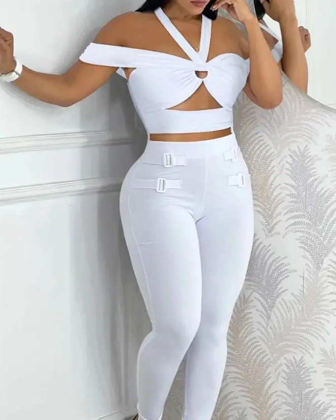 

Sexy Night Out Party Plain White Asymmetrical Neck O-Ring Cutout Skinny Jumpsuit Women 2023 Summer Streetwear Romper Fashion