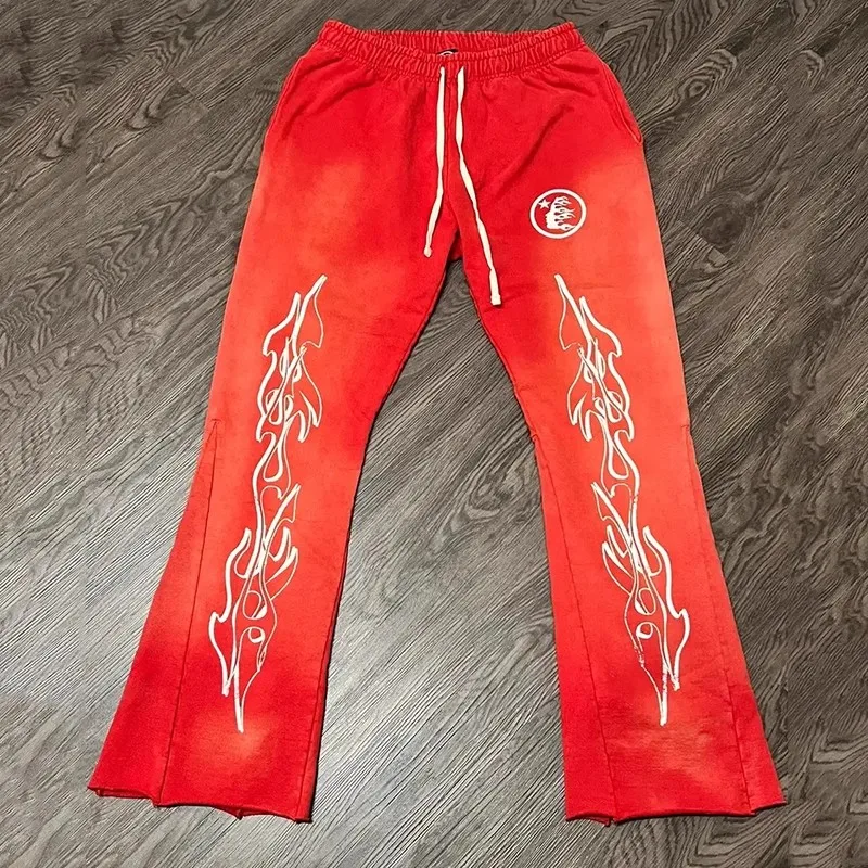 

Patchwork Hellstar Studios Red Flare Sweatpants Men Women Vintage Jogger Drawstring Flare Pants