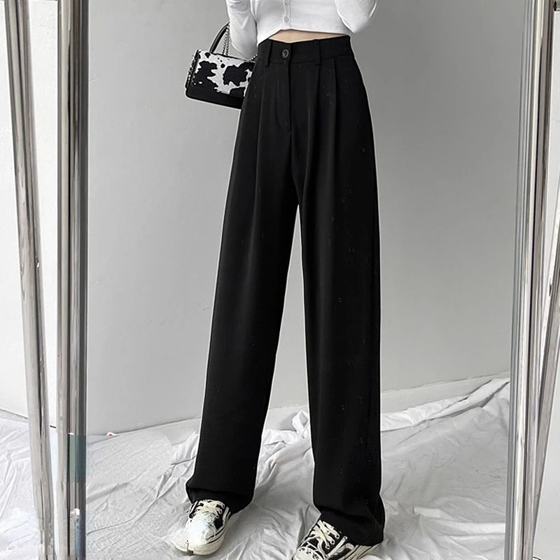 

Summer Suit Pants for Women Korean One Buttons Wide Leg Trousers Vintage Streetwear High Fashion Office Ladies Work Pants A85