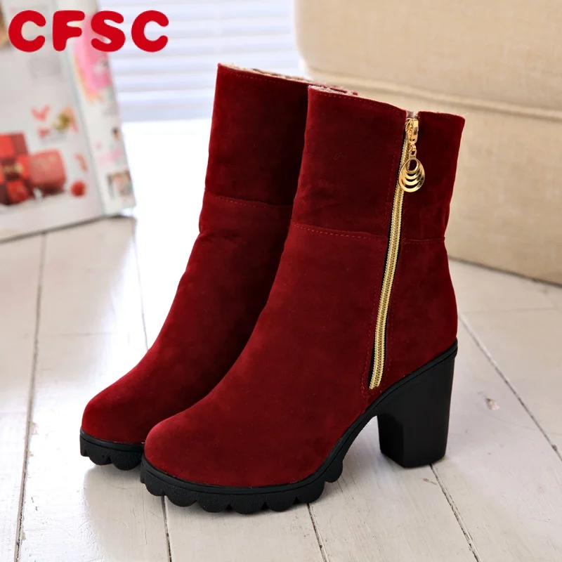 

Fashion Ladies Heeled Shoes Women's High Heels Boots Brand Woman Winter Shoes Square Heels 8.5cm Women Ankle Boots Black Red A41