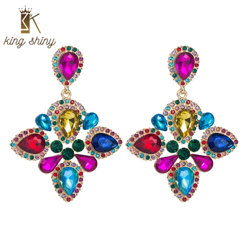 

King Shiny Trendy Water Drop Crystal Dangle Earrings Luxury Multi Color Rhinestone Statement Danle Earrings Girl Jewelry Brincos