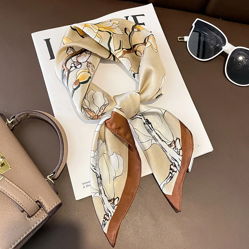 

Женский шелковый шарф с цветочным принтом, демисезонный квадратный шейный платок 70 см, украшение для волос в Корейском стиле, 2023