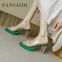 fansaidi summer fashion womens shoes genuine leather green pvc slippers waterproof 9cm chunky heels sexy rivets platform 33 40
