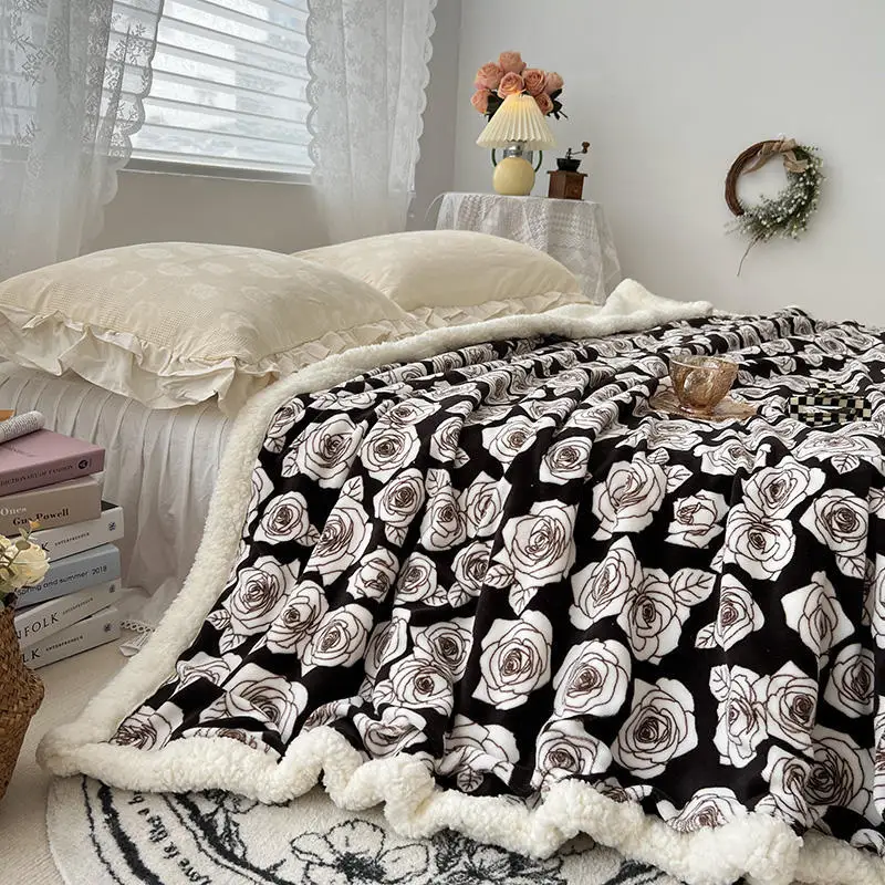 

Floral Rose Pattern Wool Fleece Blanket Quilt Cover Dual-purpose Winter Thick Warm Soft Sofa Throw Shawl Single Blanket Double
