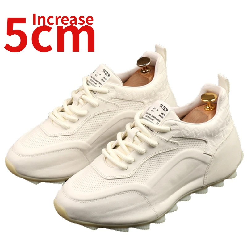 

Кроссовки мужские из натуральной кожи, Европейского дизайна, увеличивают рост 5 см, Модные дышащие Спортивные Повседневные, для папы, белые