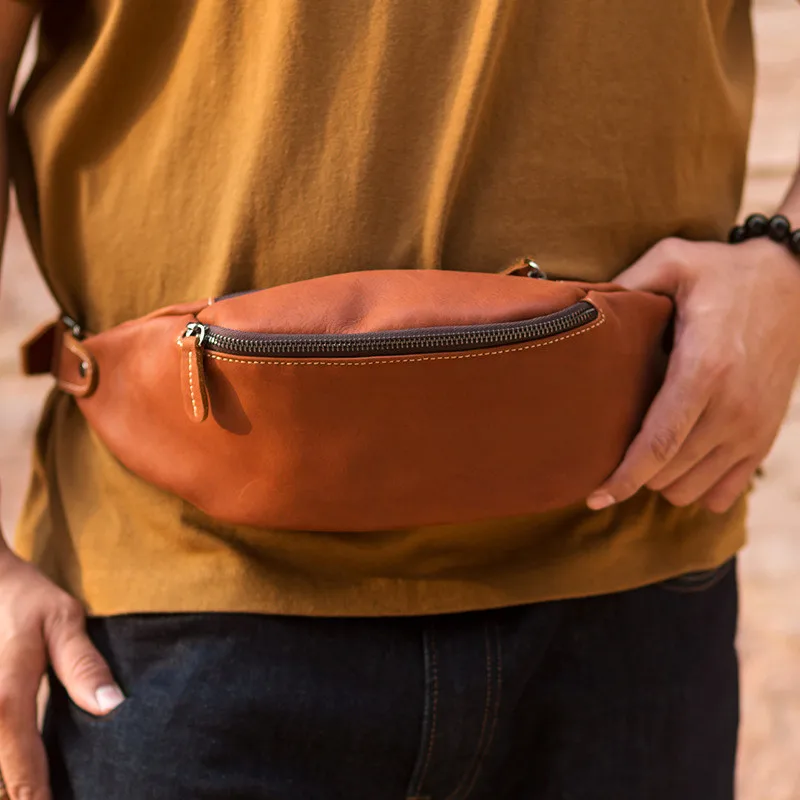Retro first layer Crazy Horse cowhide zipper men's chest bag casual natural real leather multifunctional fashion phone waist bag