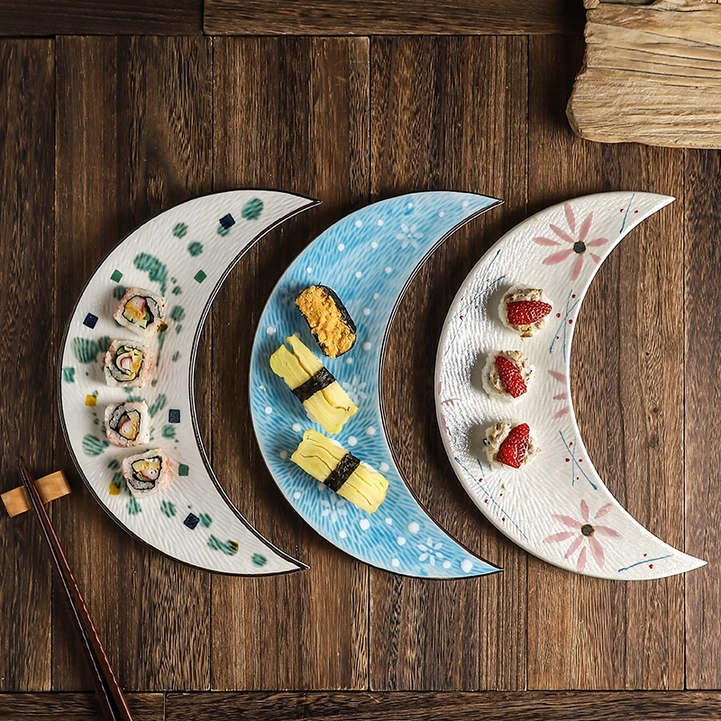 

Japanese Plate Sushi Plate Moon Disk Japanese Sashimi Tableware Home Art Single Disc Dinner Plates Plate Set Creative Ceramic