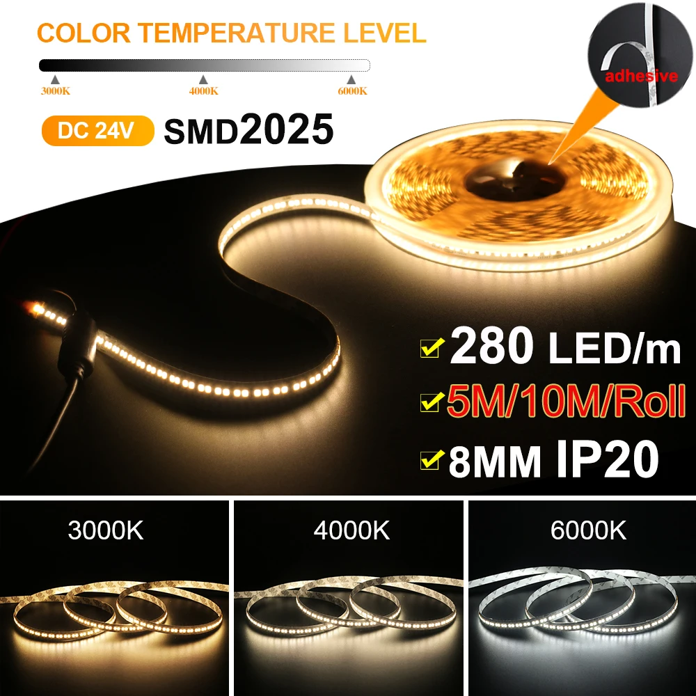 

5M 10M LED Strip Light 24V 2025 280leds/M Flexible Adhesive LED Tape 8mm Warm White/Natural White/White Home Kitchen Lighting