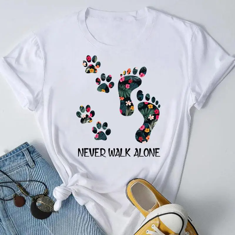 

Tee Dog Cat Paw Floral Footprint Women Lady Casual Short Sleeve Top Clothes Fashion Spring Summer Tshirt Female Graphic T-Shirt
