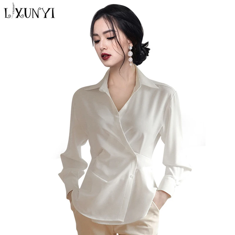 

LXUNYI Blouses For Women Fashion White Spring Autumn New Long Sleeve Slim Professional Womans Blouse Formal Ladies Tops tunics