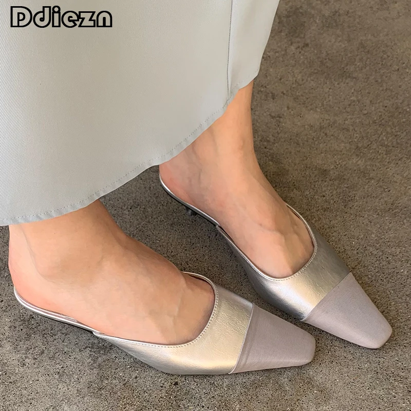 

Women Pumps Female Shoes Slippers High Heels 2023 New In Spring Fashion Mules Ladies Sandals Square Toe Casual Outside Footwear