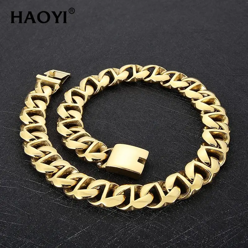 Popular European and American Stainless Steel Plating 18K Gold Colour Cuban Chain Hiphop Men's Large Heavy Necklace