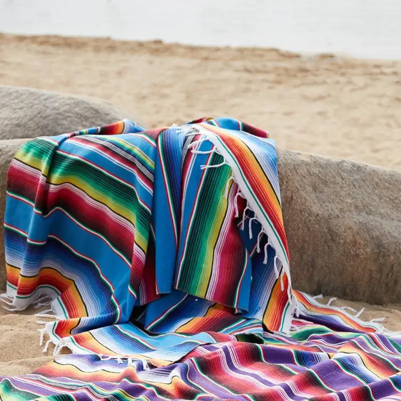 

Мексиканское одеяло в этническом стиле для отдыха на открытом воздухе, кемпинга, пикника, пляжа, вязаное одеяло, полотенце ручной работы, Полосатые Вязаные пледы с кисточками