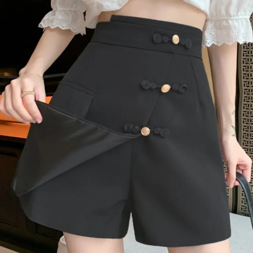 2023 Summer Retro Button Shorts Women High Waist Wide Leg