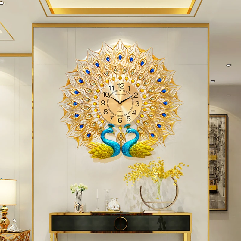 

Luxury Stylish Digital Wall Clock 3d Mechanism Round Metal Creative Wall Clock Gold Peacock Wanduhr Living Room Decoration T50GZ