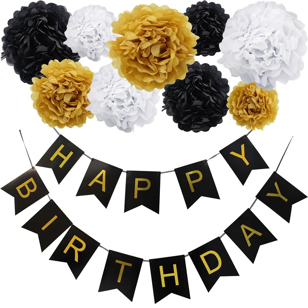 

Birthday Black and Gold Flag Bunting Party Decorations Happy Birthday Banner Round Paper Garland Perfect for Party