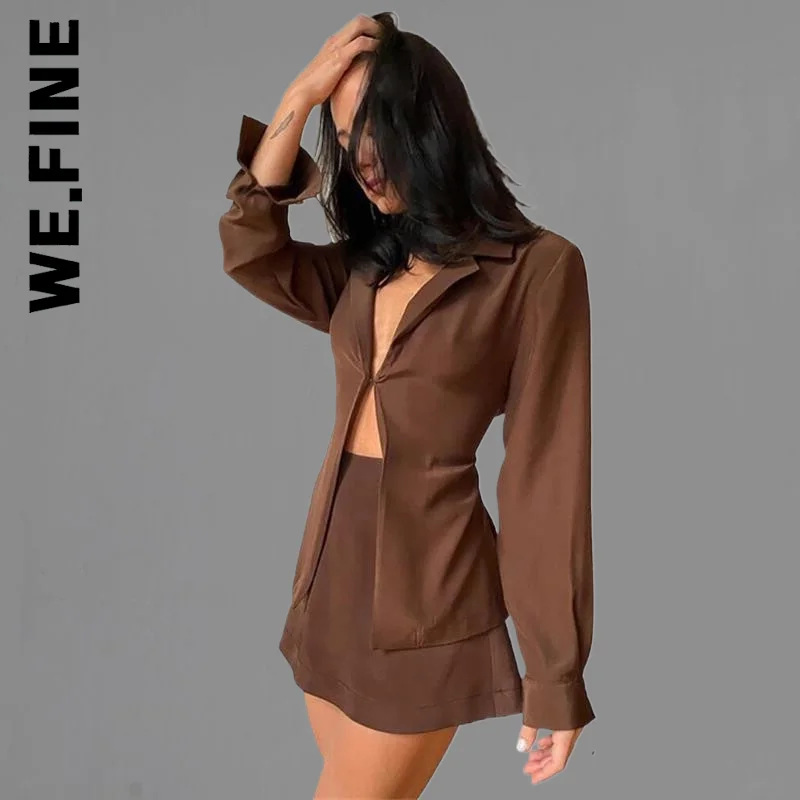 

We.Fine Women Set rown Long Sleeve Top High Waist Skirt Turn-down Collar Button Two Piece Set Sweatsuits For Women