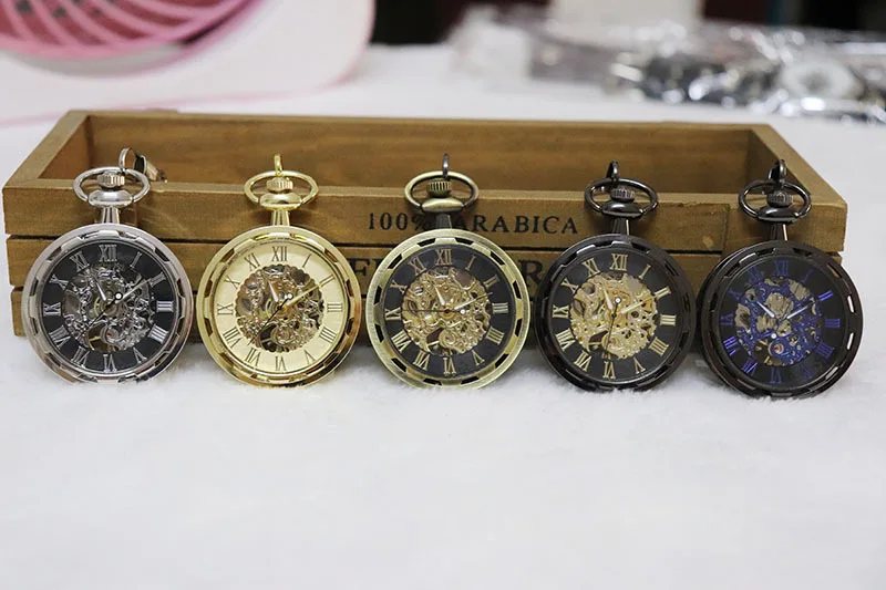 Luxury Bronze Mechanical Pocket Watch for Men Women Transparent Roman Numerals Case Dial Fob Chain Pendant Clock for Collection