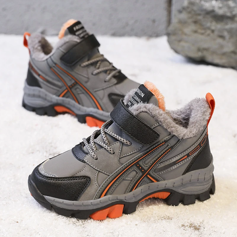 Kids Winter Warm Cotton Hiking Sneakers 2022 Fashion Trend Boys' Walking Shoes Leather Waterproof and Anti-skid Children's Shoes