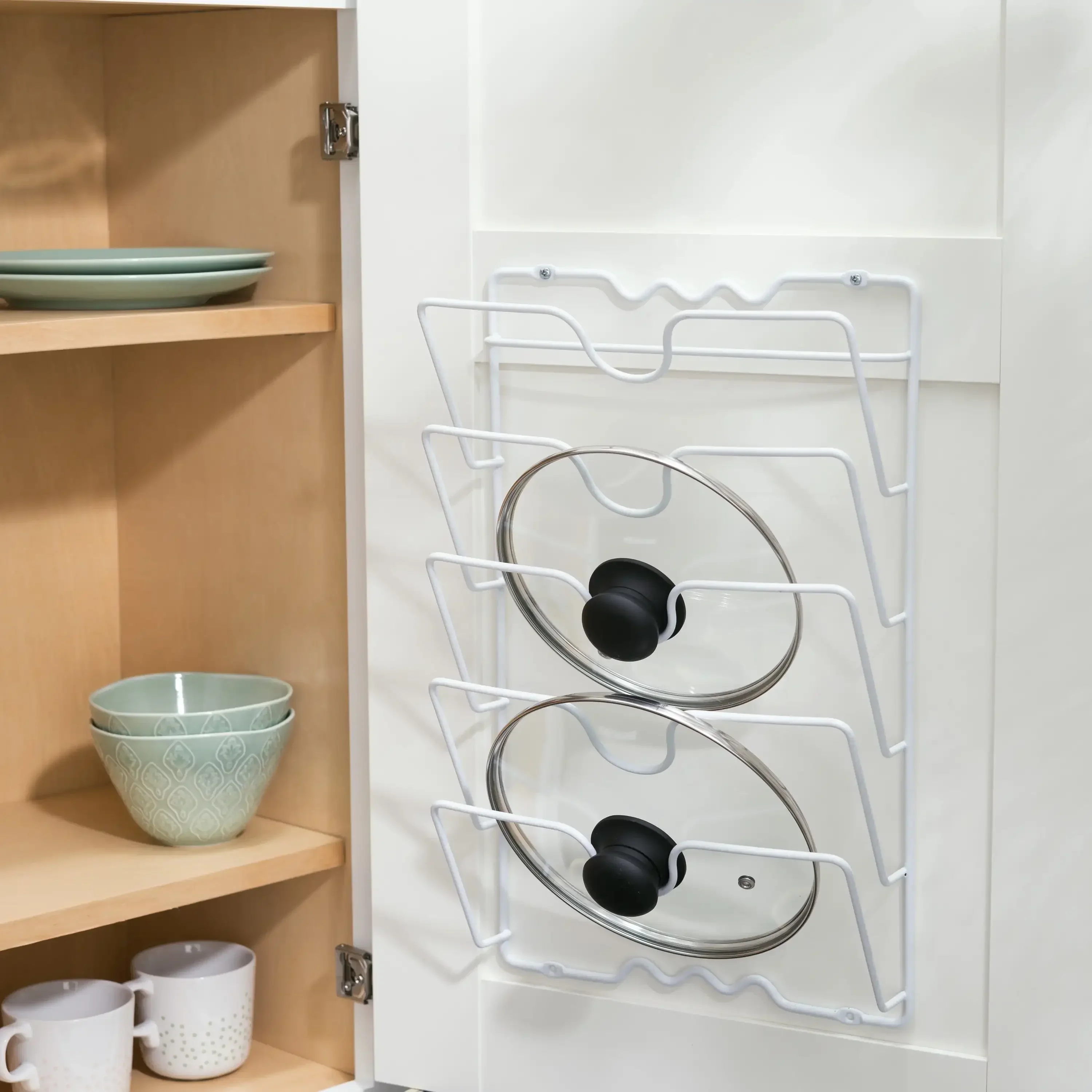 

g Wall Cabinet Mount 4-Shelf Pot Lid Rack Organizer, White kitchen organizer