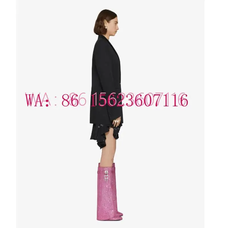 

New Style Round Toe Wedge Heel Super High Heel Rhinestone Lock Buckle Knee-High Boots Trousers Boots High Boots Ladies Boots