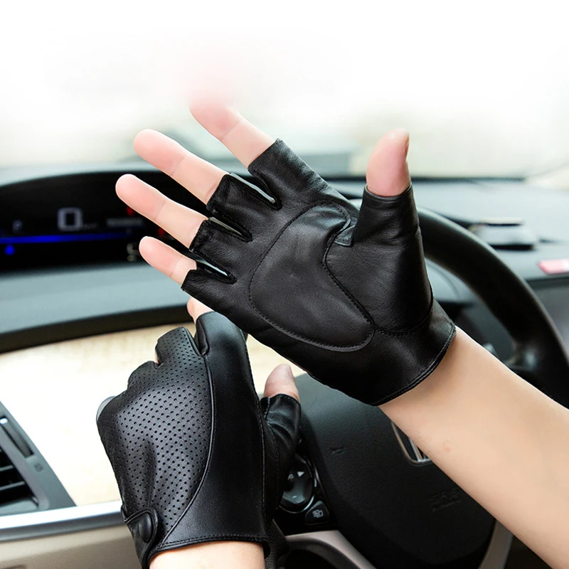 Real Leather Gloves Male Semi-Finger Thin Style Driving Fashion Black Men Half Finger Sheepskin Gloves Touchscreen YSM0012