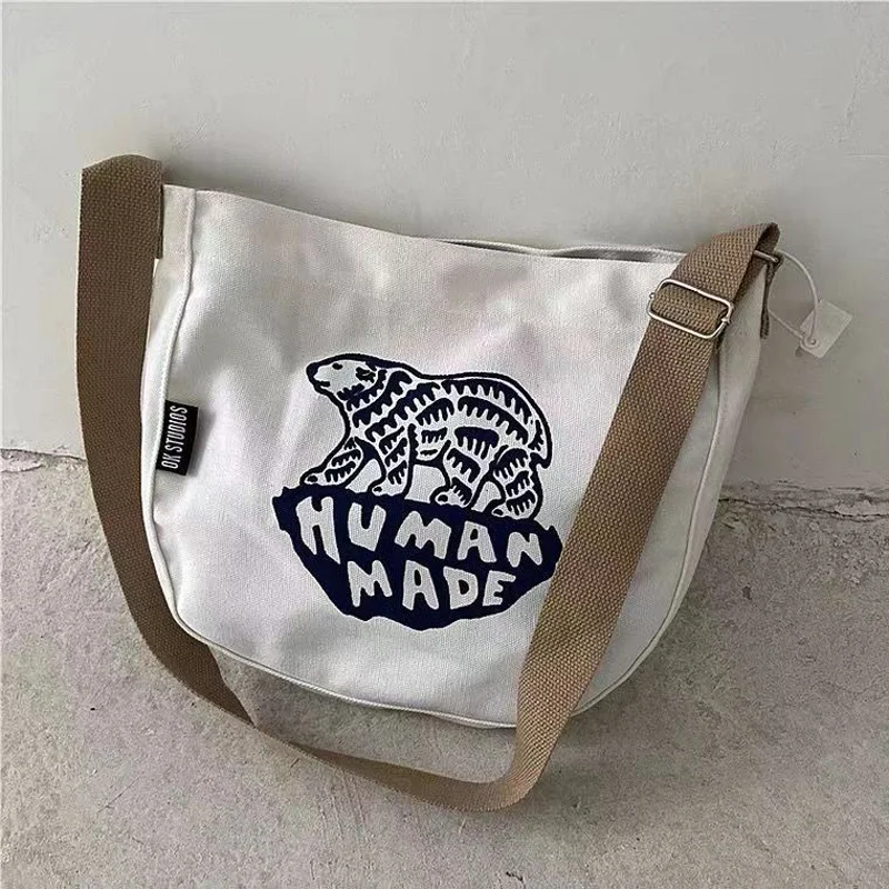

Canvas Human Made Polar Bear Backpacks Buckle Shoulder Strap Handbag Men Women Campus Large Capacity Schoolbag Tooling Bag