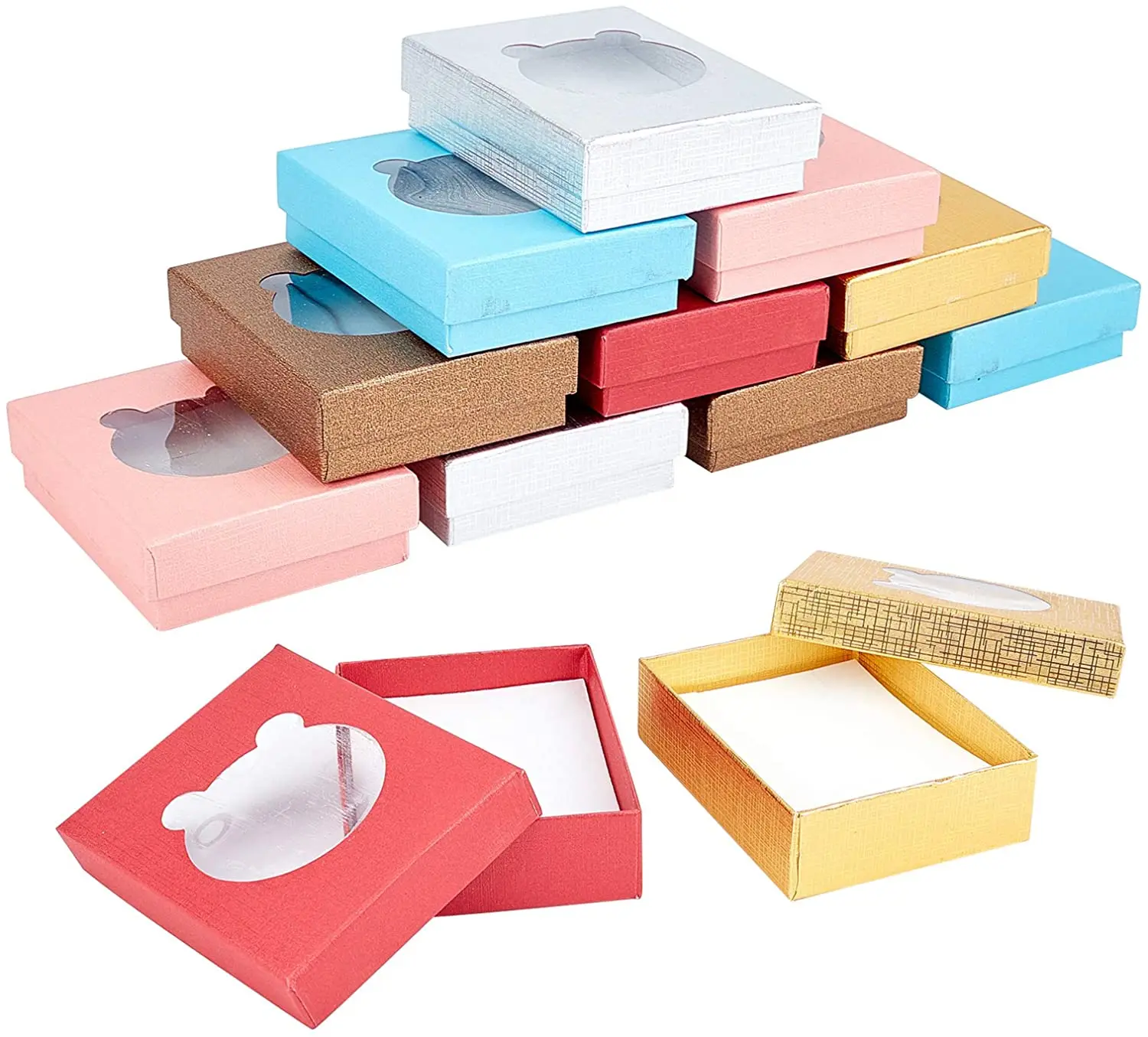 

12 PCS Cardboard Jewelry Boxes with Window Paper Cardboard Box with Bear Shape Window and Padding 3.62"x2.83"x1.04"