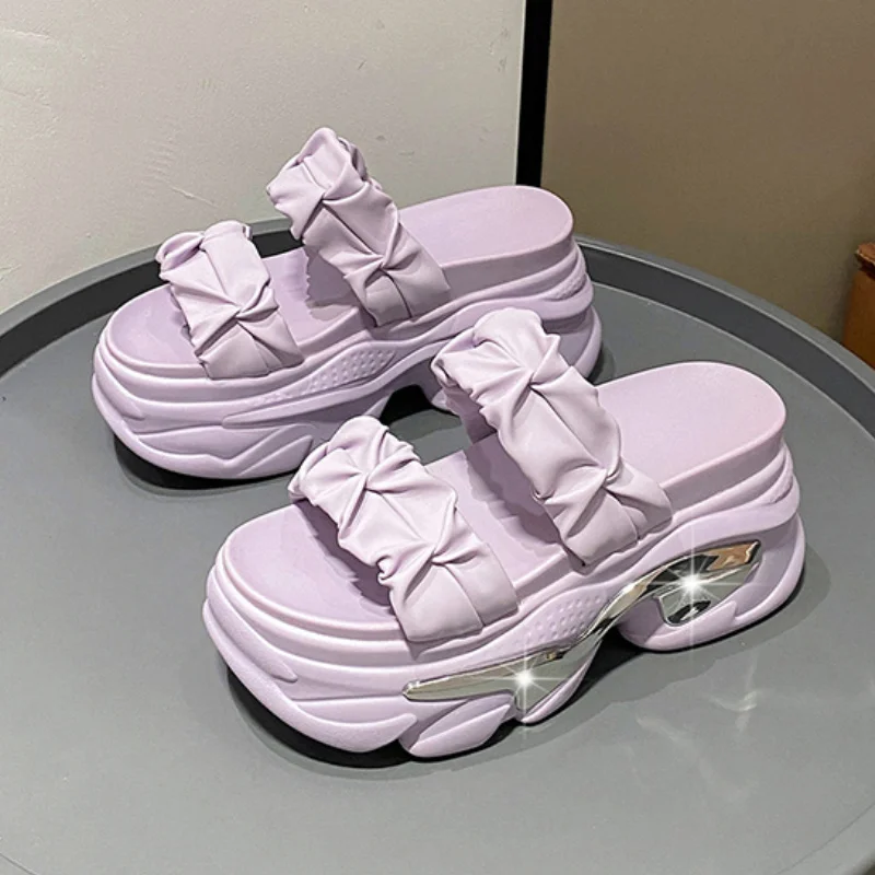 

Сандалии женские на платформе 9 см, повседневные босоножки на толстой подошве, пляжные тапочки, шлепанцы с блестками, дизайнерские, высокий каблук, лето 2023