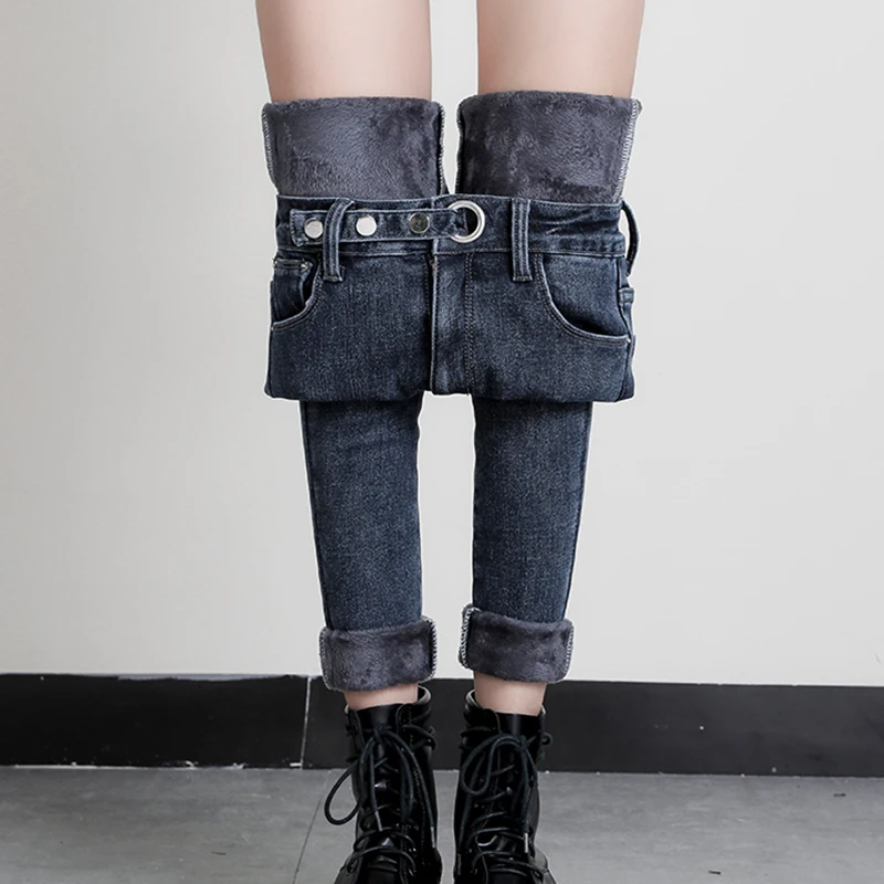 

Женские теплые плюшевые джинсы размера плюс, женские облегающие джинсовые брюки-карандаш большого размера с высокой талией, Зимние флисовы...