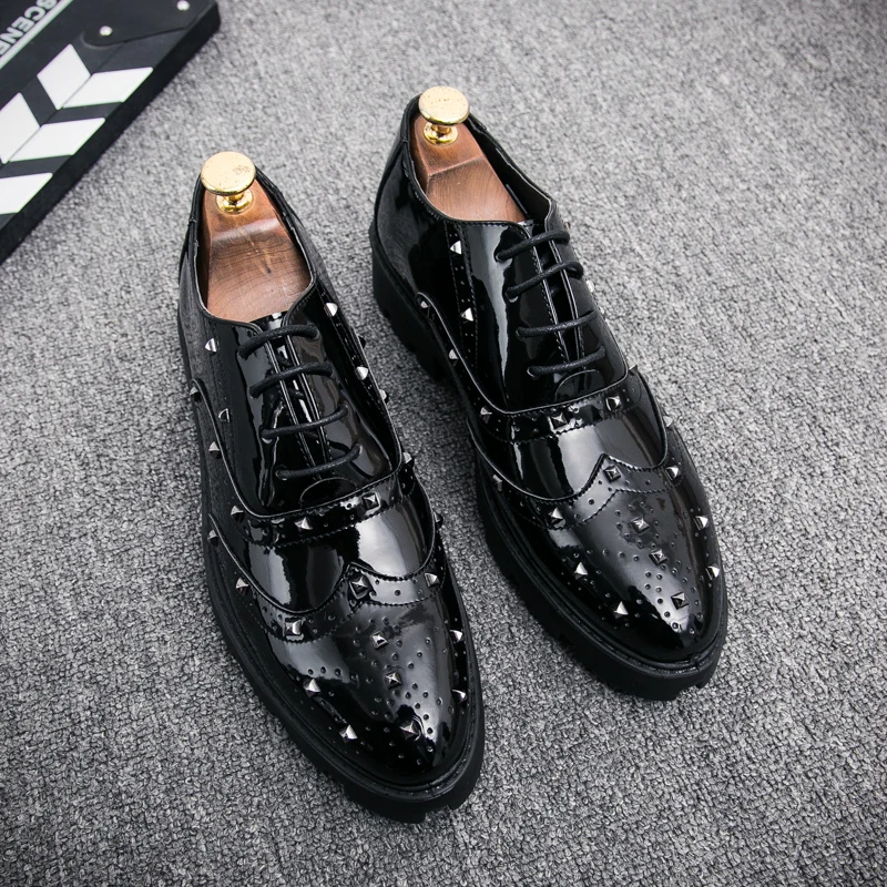 

men's fashion stage nightclub dresses patent leather shoes lace-up oxfords shoe black platform sneakers carved brogue sneakers