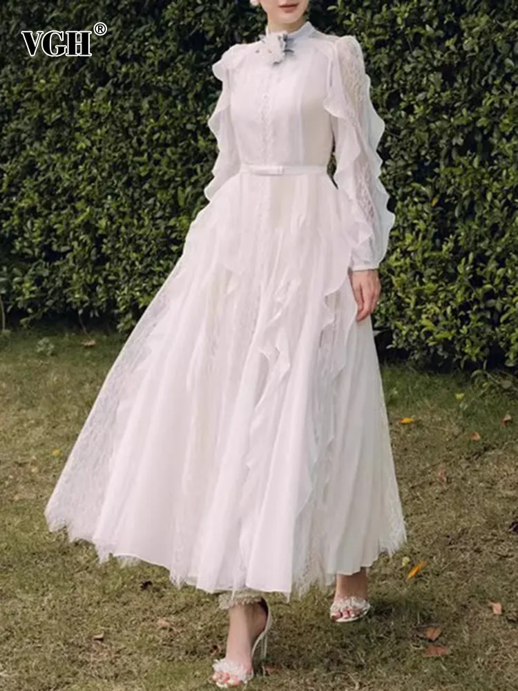 

VGH Elegant Spliced Appliques Mesh Dresses For Women stand collar Long Sleeve high waist Solid Slim Dress Female Fashion style
