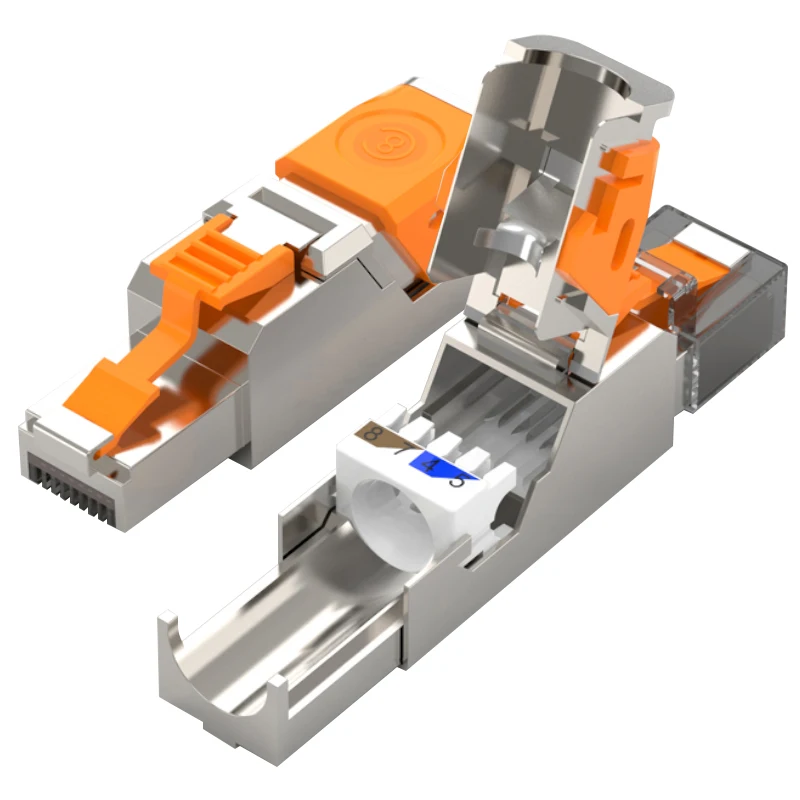 

Cat8 Modular Ethernet Connector RJ45 Shielded Plug Field Tool Free Easy Metal Die-Cast Termination Conector OMAY