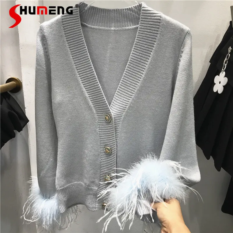 Ostrich Wool Patchwork Sweater Women's Autumn New Slimming Long Sleeve Drill Buckle Cardigan Temperament Wild V-neck Top