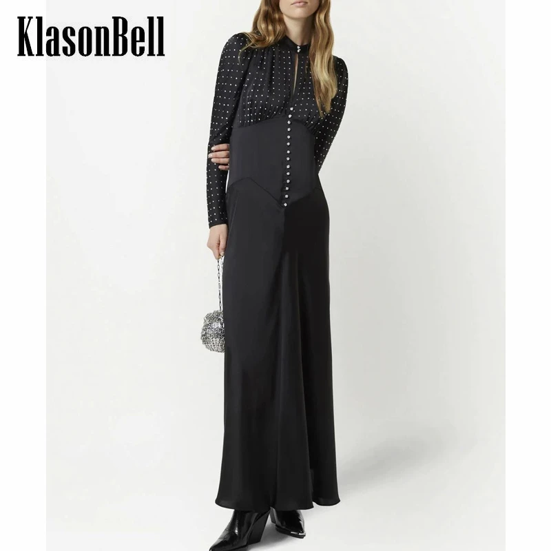 

3.25 KlasonBell Acetate Heavy Industry Diamonds Flower Rhinestone Stand Collar Puff Sleeve Elegant Temperament Dress Women