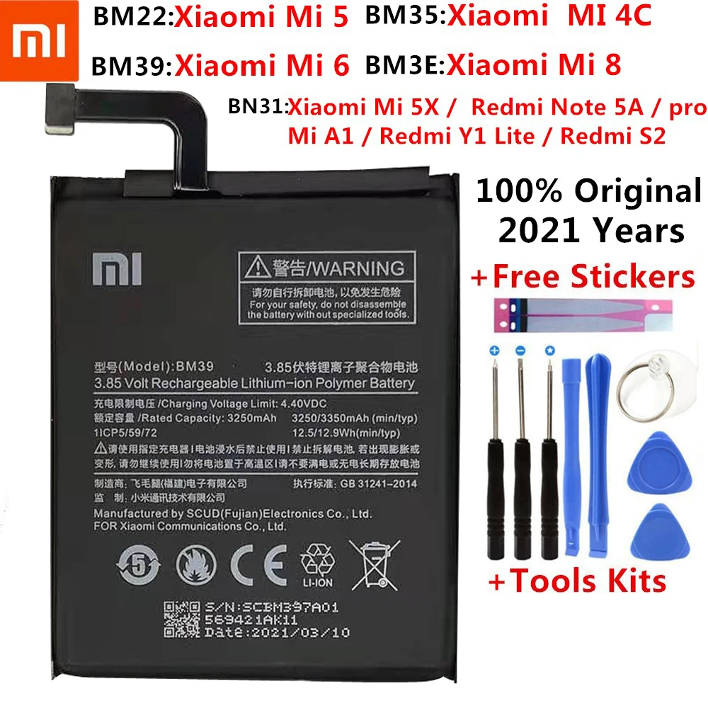 

Xiaomi Original Phone Battery BM22 For Xiaomi MI 5 5X Mi 4C Mi 6 Mi 8 For Redmi Note 5A 5A Pro BM35 BM39 BN31 BM3E Batteries